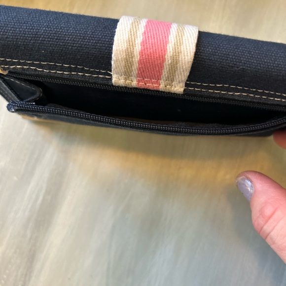 Adorable Navy Vachetta Trim Buckle Wallet Clutch With Pink White Striped Design - Picture 10 of 11